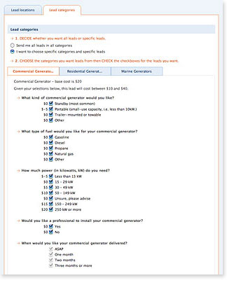 360Generators Supplier Portal - Lead categories