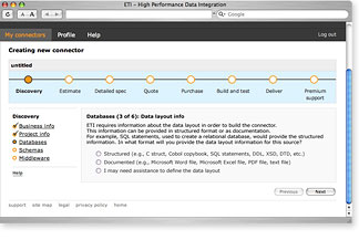 Interface and visual design for the ETI Integration Center - Database step